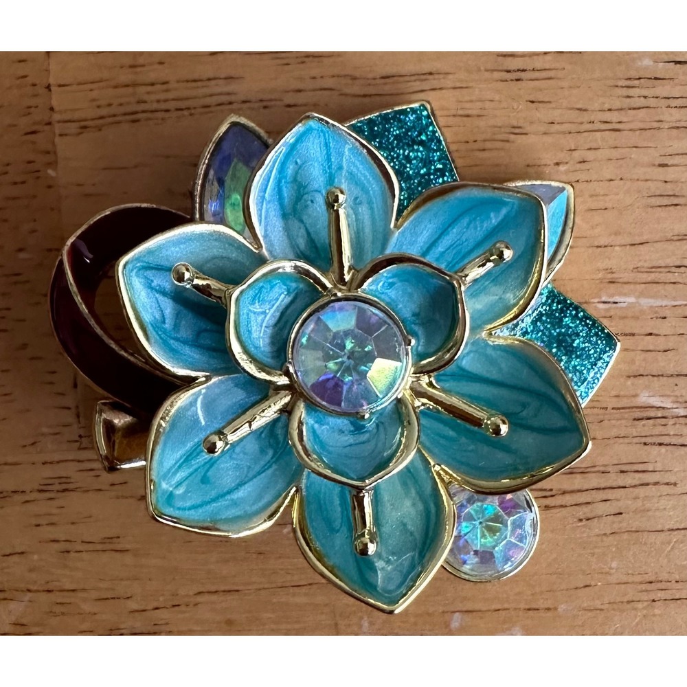 Disney Store Mulan Floral Hair Clip Blue Enamel Gold Lotus Flower Vintage 2"